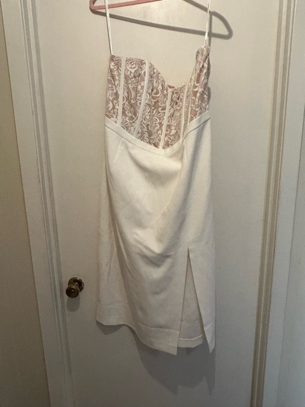 City Chic Cream-White Strapless Lace Bust Midi Dress with Slit